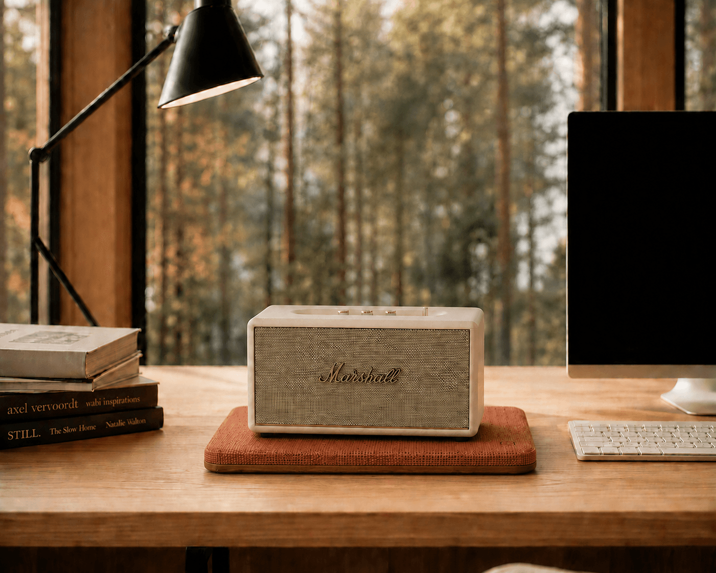JBL speaker resting on KAIO Speaker Pad on a desk