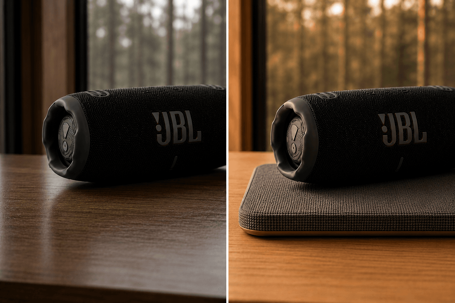 Comparison between speaker directly on a hard surface and speaker on KAIO Speaker Pad